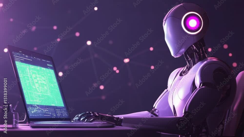 Leinwandbilder a robot sitting in front of a laptop computer, focused on digital tasks