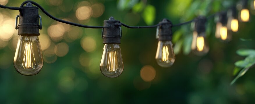 The warm glow of hanging string lights illuminating a beautiful garden setting.