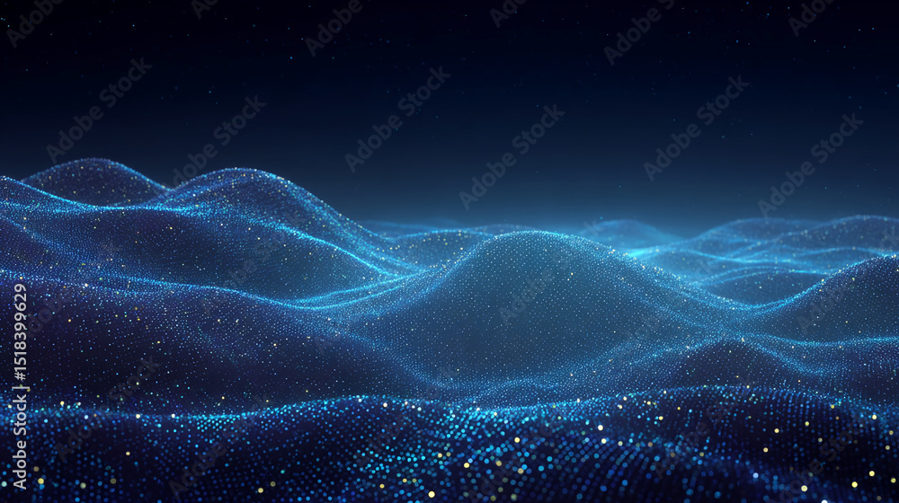 Poster blue particle waves form a dark, abstract landscape, suggesting digital technology or a futuristic s