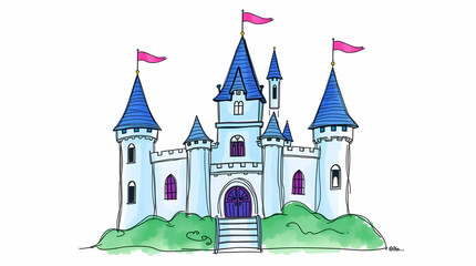 Obraz premium An Adorable and Charming Castle Sketch in Cool Blues, Greens, and Purples.