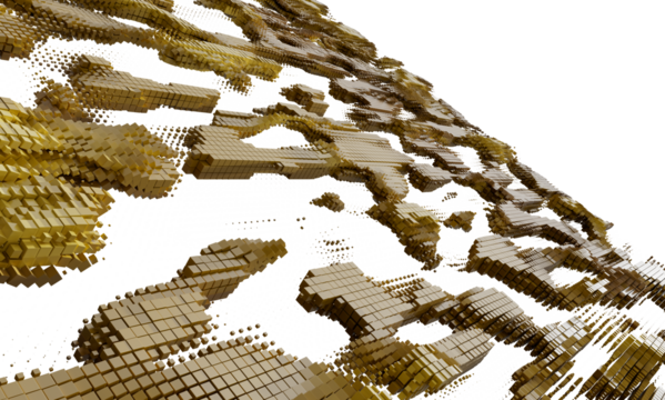 3D render of abstract gold cubes forming a unique structure. Perfect for technology, innovation, and data concepts.