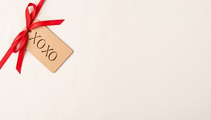 Gift tag with red ribbon and 'XOXO' on neutral background  
