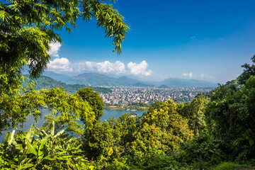 Bird eye view of the Pokhara town and Phewa lake from the World Peace Pagoda.
