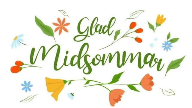 Delightful Floral "Glad Midsommar" Illustration for Swedish Summer Solstice Celebrations with Orange, Yellow, and Blue Flowers on a Clean White Background, Evoking a Festive and Joyful Mood in