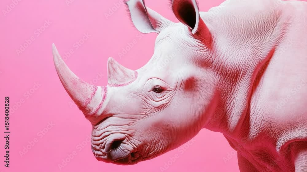 Poster a close-up view of a rhino's face on a pink background