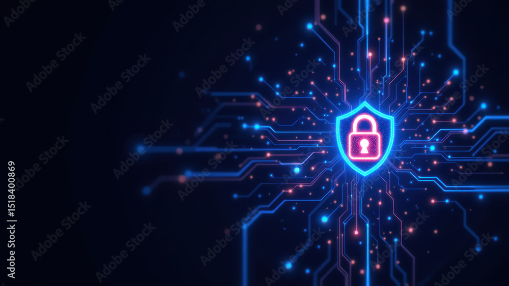 Poster cybersecurity concept with a lock icon and digital circuitry background.