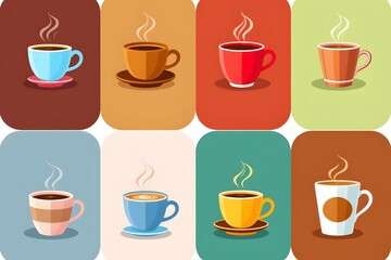 Aromatic Brew Selection: A colorful collection of stylized coffee cups, each filled with fragrant, steaming coffee, arranged artfully against a backdrop of complementary hues.