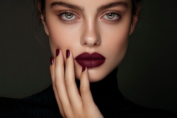 A woman with polished dark red nails is posed in front of a gray backdrop Her lipstick is the same color as her nails She is wearing a black turtleneck