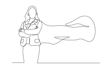 Continuous single one line drawing of flying business super hero woman. Vector illustration concept of power employee, success achievement, business hero leader