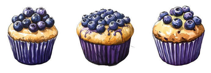 Collection of various blueberry cupcake watercolor isolated on transparent background