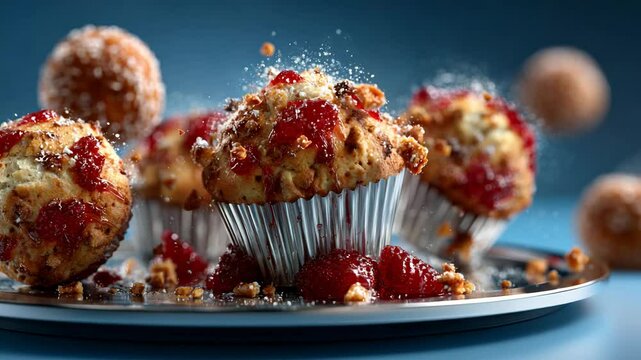 Raspberry swirl muffin with cream and falling crumbs under warm indoor lighting, great for gourmet dessert branding Video 4K UHD 60 FPS