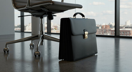 Black leather briefcase near office chair with city view background