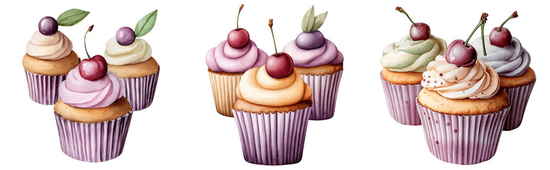 Set of various cupcakes with berries watercolor isolated on transparent background