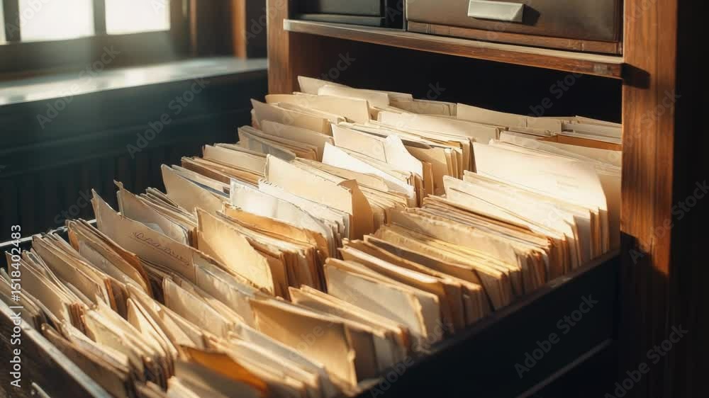Poster a drawer full of papers and files near a window