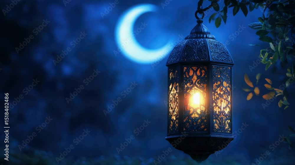 Poster a lantern hung from a tree branch under the light of the full moon
