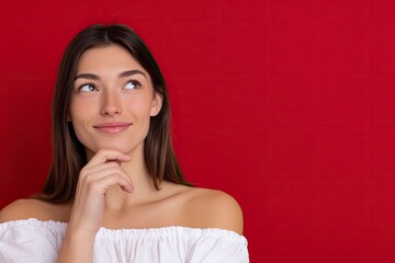 Fototapeta premium A young woman with shoulderlength brown hair smiles and looks up her hand on her chin She wears a white blouse against a red backdrop