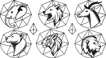 Fototapeta premium Set of Geometric abstract animals. Trendy mono line vector design. Black animals on white background. 