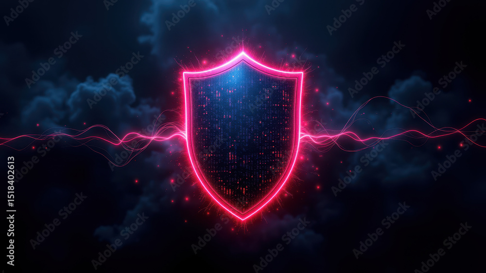 Poster a digital graphic with a shield-like symbol at its center, representing cyber protection against an 