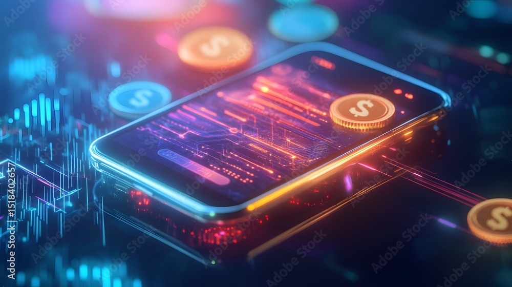 Poster digital currency on mobile: a smartphone displays a vibrant interface of digital currency, with floa