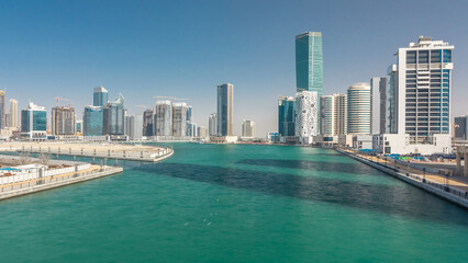 Naklejka premium Panoramic timelapse hyperlapse view of business bay and downtown area of Dubai