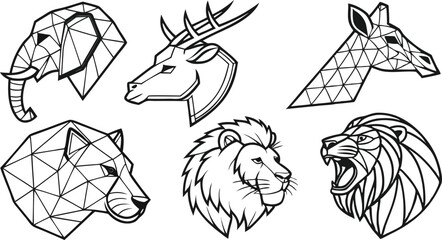 Fototapeta premium Set of Geometric abstract animals. Trendy mono line vector design. Black animals on white background. 
