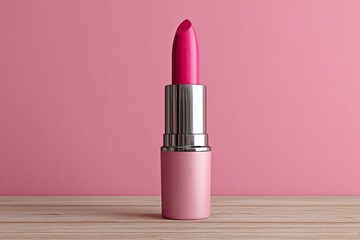 Bright pink lipstick tube with silver accents on a pink background and wooden surface