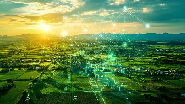 Aerial Harmony: Panoramic view of connected fields, with digital lines overlaid, during a tranquil sunset. Symbolizing network