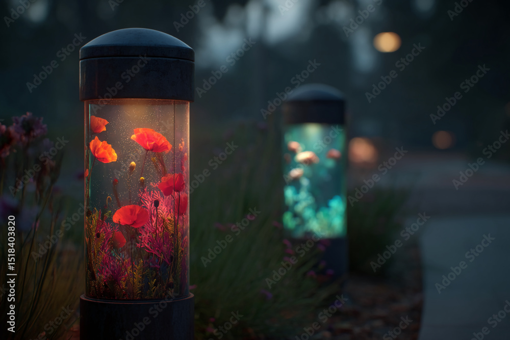 Poster illuminated glass cylinders contain red poppies and other flora, creating a serene nighttime scene. 