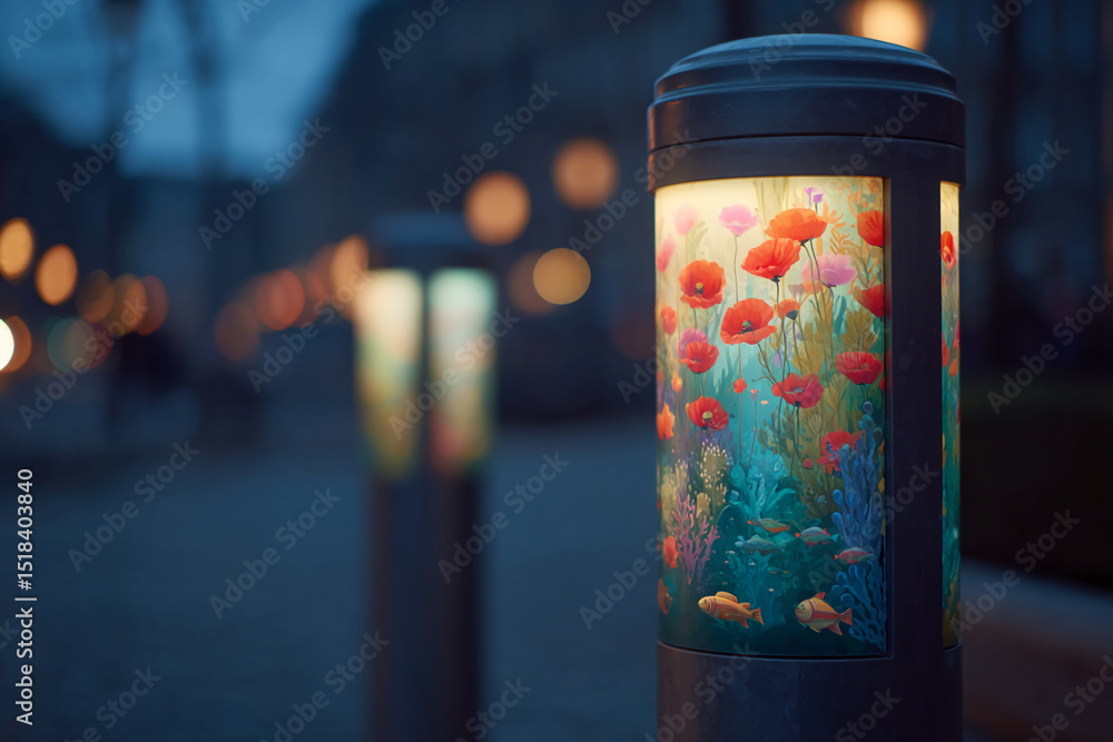 Poster illuminated lamppost featuring aquatic scene with poppies and fish, creating a serene and calming at