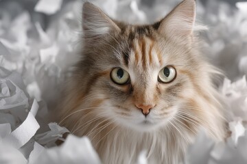 Fototapeta premium Cat surrounded by toilet paper scraps