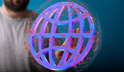A person interacts with a digital globe, illustrating global networking, data flow, and...