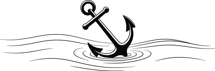 Stylized Anchor in Water Line Art Nautical Vector Illustration