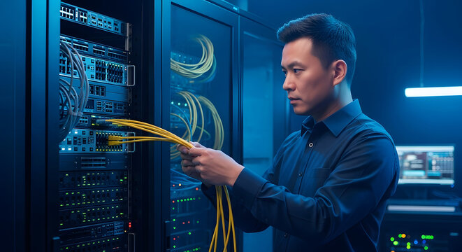 IT Professional Inspecting Server Racks in Data Center Network Technician, Server Room, Network Cables, Server Equipment.