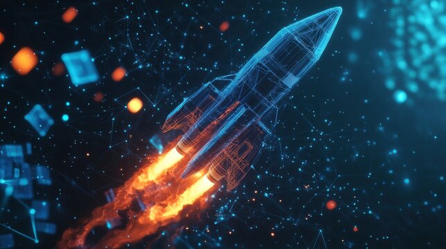 Abstract polygonal launch rocket with AI chip. Artificial Intelligence innovation and boosting concept. Machine learning spaceship. Digital technology dark blue background. Vector.