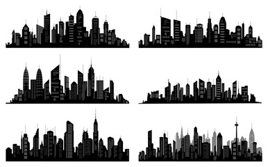 Obraz premium Black cities silhouette collection. Horizontal skyline set in flat style isolated on white. Cityscape with windows, urban panorama of night town.