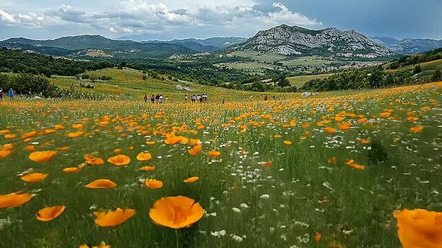 Picturesque Mountain Scenery with Vibrant Poppy Field and Scenic View of Monte Nerone