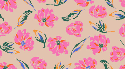 Hand drawn floral pattern, seamless patterns with flowers for fabric, textiles, clothing, printing, packaging, covers, banners, interior decor, abstract backgrounds.