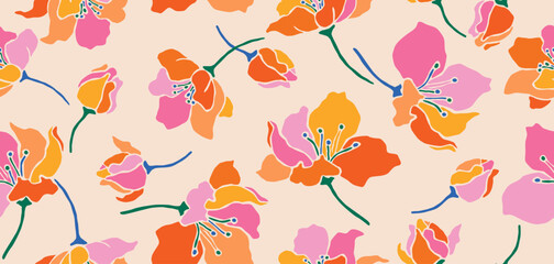 Hand drawn floral pattern, seamless patterns with flowers for fabric, textiles, clothing, printing, packaging, covers, banners, interior decor, abstract backgrounds.