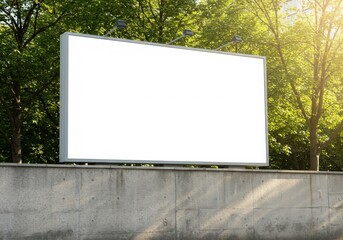 Fototapeta premium Blank billboard on a concrete wall surrounded by green trees in an urban setting