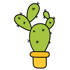 Hand drawn cartoon green cactus in yellow pot on white background.