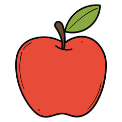 Hand drawn cartoon red apple with green leaf on white background.
