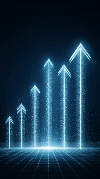 Glowing digital arrows rising upward on dark background symbolizing growth progress success and increase