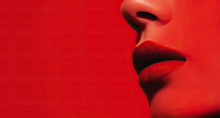 Closeup of a persons face nose and mouth against a red background with intense red lighting