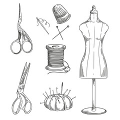 A set of vintage sewing illustrations, hand-drawn in ink. Original sewing drawings, in lineart, featuring needles, threads, and a sewing mannequin for cards, posters, and graphic design.