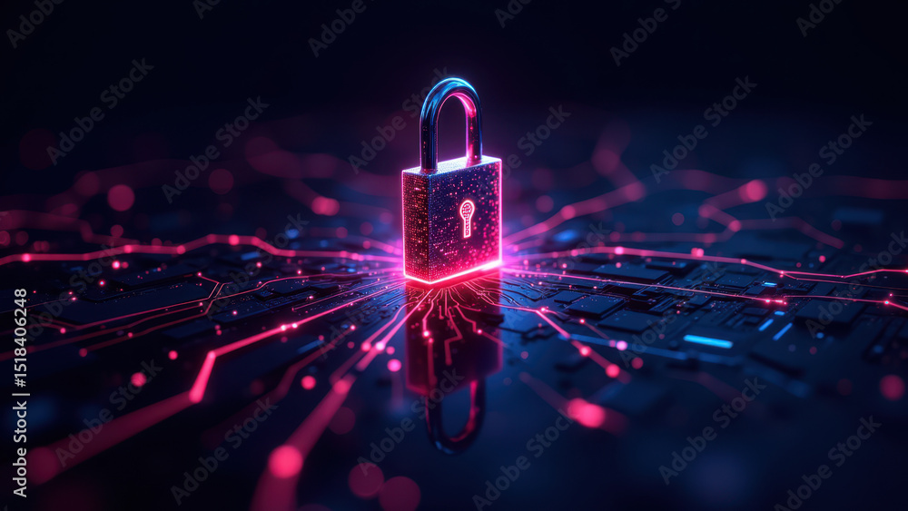 Poster a glowing pink lock symbolizing cyber security amid a network of interconnected lines.