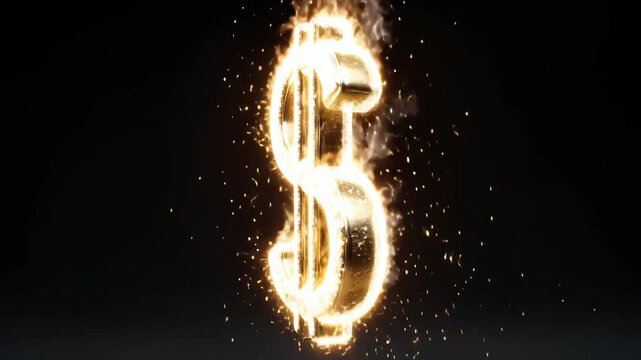 Glowing golden dollar sign with sparks and fire effect on dark background representing wealth and finance