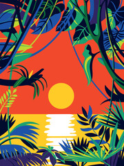 Summer sunset season tropical island landscape with jungle and tropical leaves in the first plan, beach, sea and sun in the background. Trendy contemporary vector handmade drawing illustration.