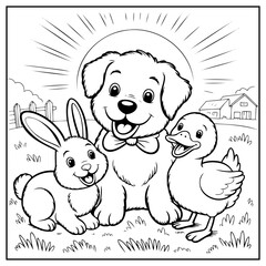 Coloring Page Outline Of a Family of Rabbits and duck