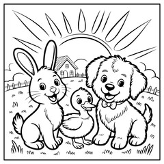Coloring Page Outline Of a Family of Rabbits and duck