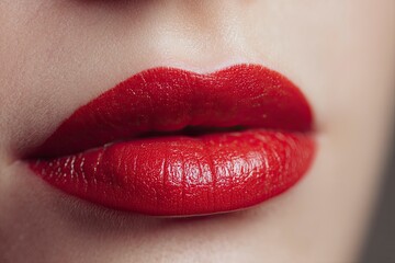 Closeup of a persons lips coated in vibrant red lipstick highlighting texture
